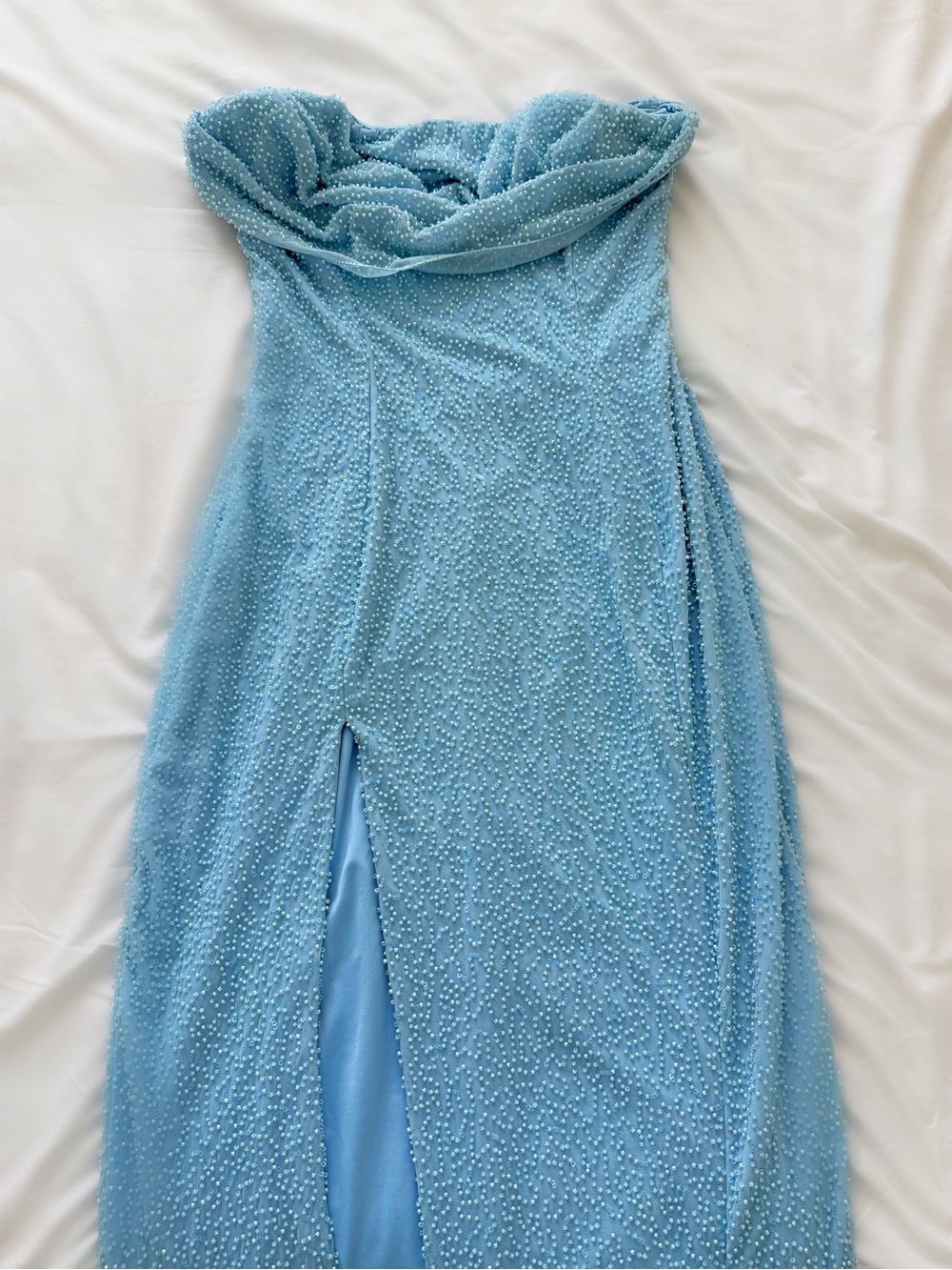 Oh Polly Powder Blue Strapless Beaded Gown